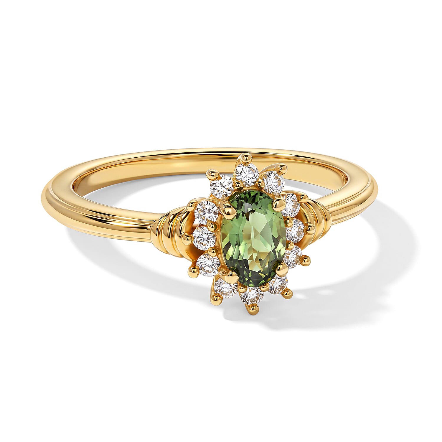 D'Joy - Natural Green Apatite & White Zircon Halo Ring in Yellow Gold Plated Sterling Silver