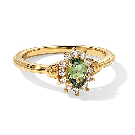 D'Joy - Natural Green Apatite & White Zircon Halo Ring in Yellow Gold Plated Sterling Silver
