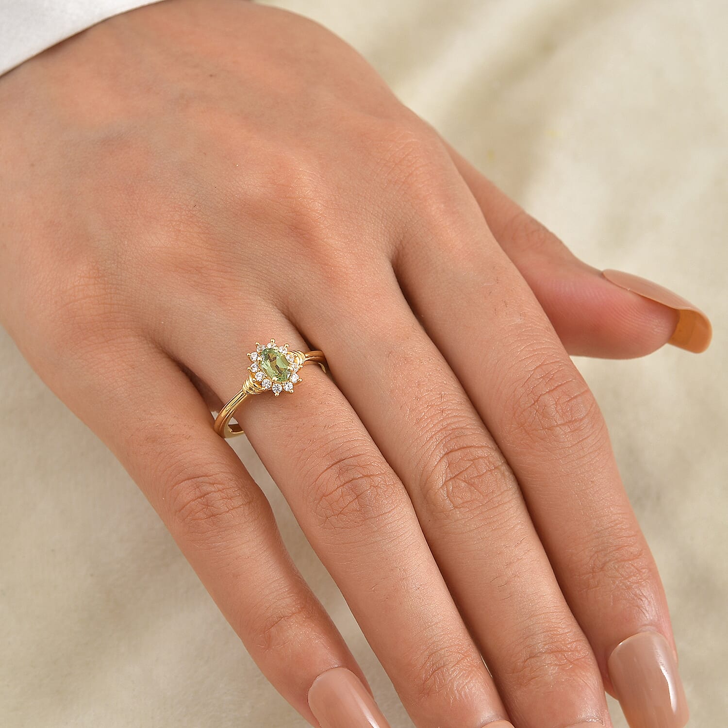 D'Joy - Natural Green Apatite & White Zircon Halo Ring in Yellow Gold Plated Sterling Silver