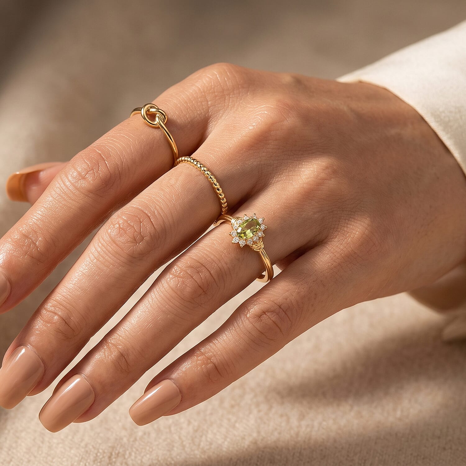 D'Joy - Natural Green Apatite & White Zircon Halo Ring in Yellow Gold Plated Sterling Silver