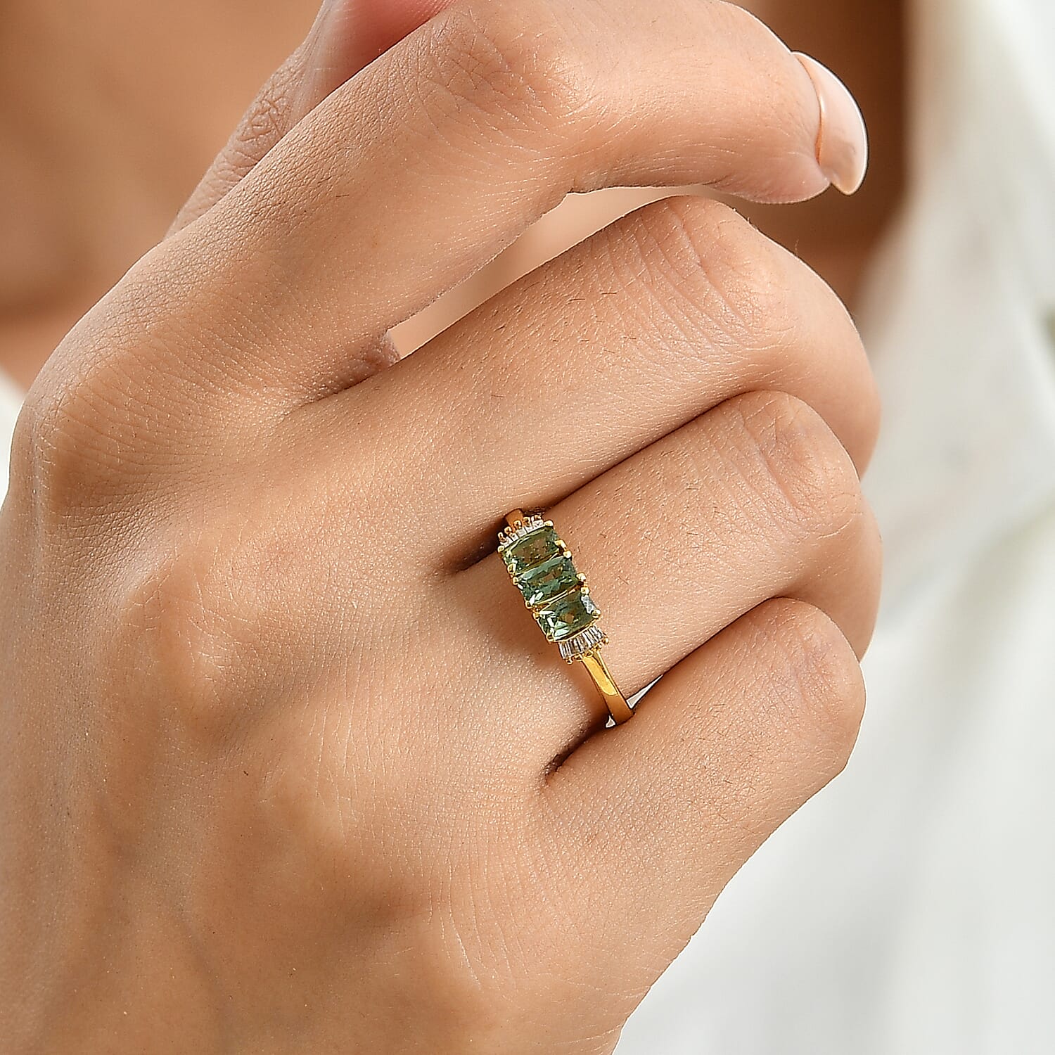 D'Joy Natural Green Apatite, White Diamond 3 Stone Ring Sterling Silver  0.923  Ct.