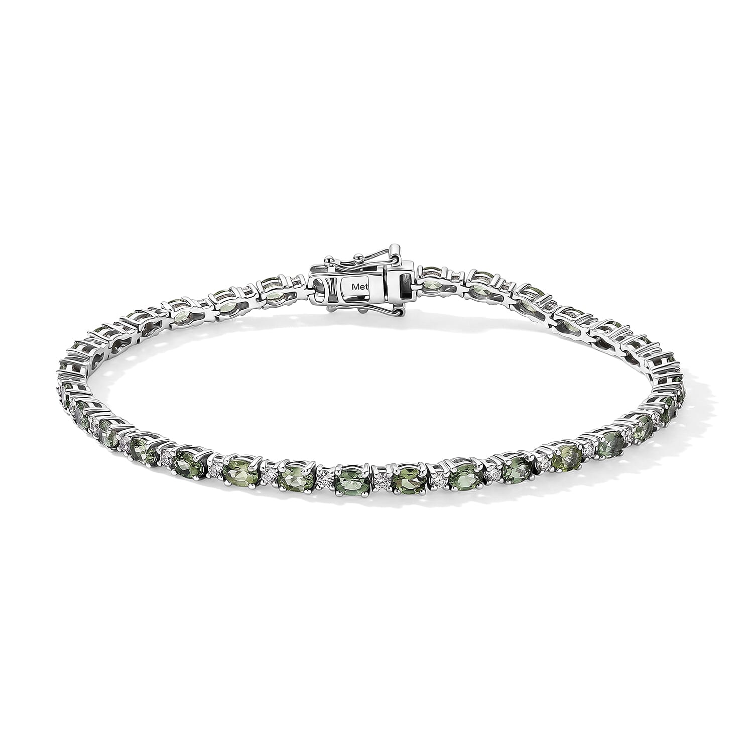 D'Joy - Natural Green Apatite & White Zircon Tennis Bracelet (Size - 8) with GB Lock Box in Rhodium Overlay Sterling Silver 6.70 Ct.