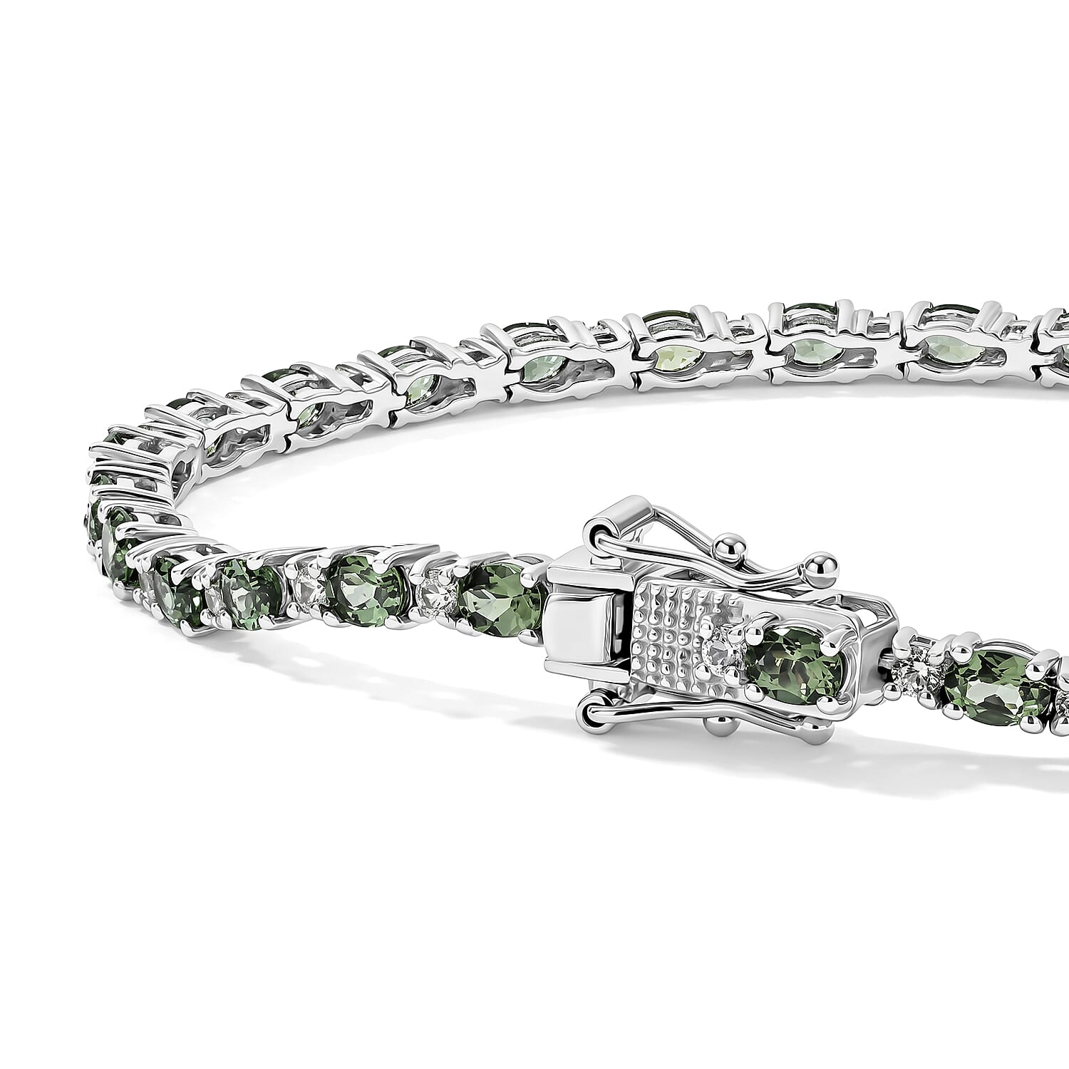 D'Joy - Natural Green Apatite & White Zircon Tennis Bracelet (Size - 8) with GB Lock Box in Rhodium Overlay Sterling Silver 6.70 Ct.
