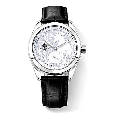William Hunt Relief Horse Miyota 1L45 Japan Movement 5ATM WR Silver Hydraulic Meteorite Dial & IPS Plating 304 Stainless Steel Case Mens Watch with Black Leather Strap