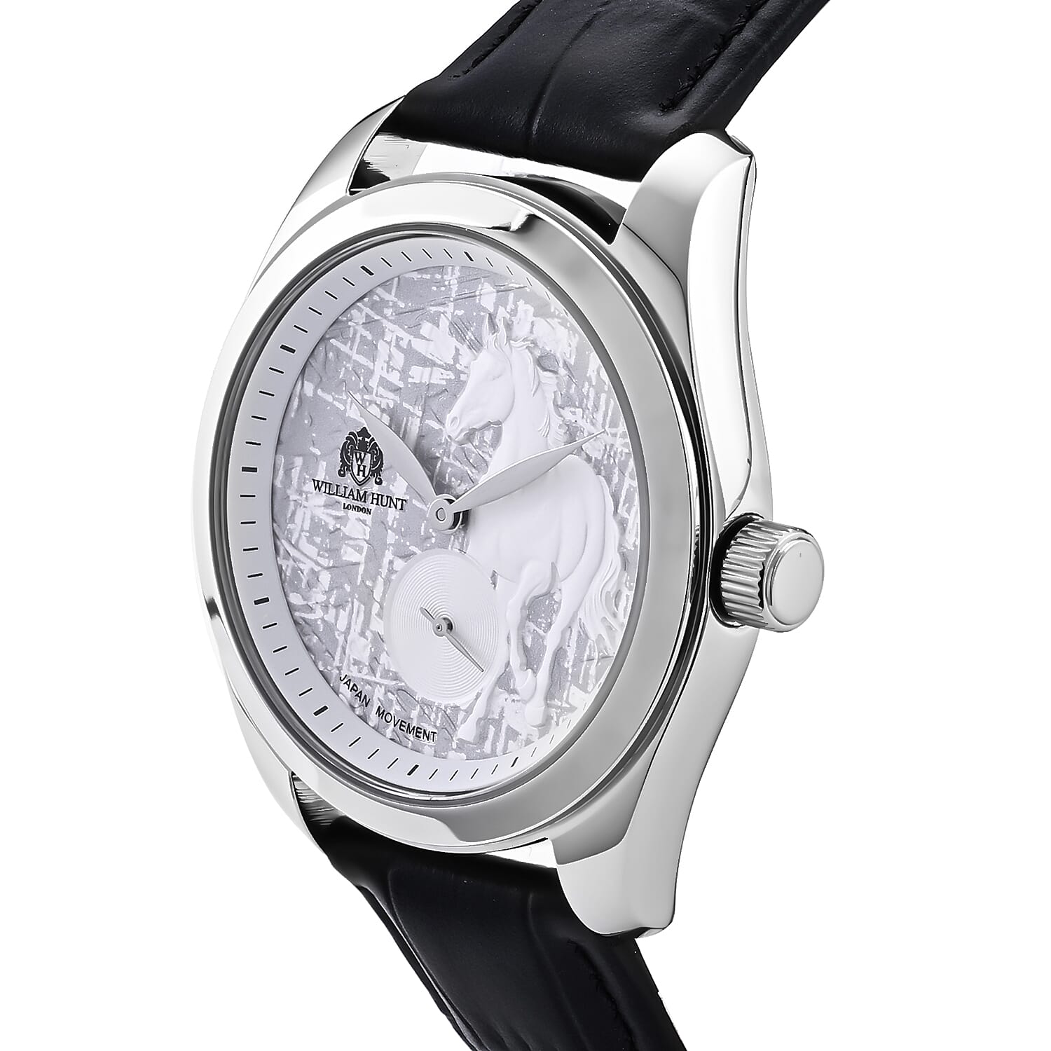 William Hunt Relief Horse Miyota 1L45 Japan Movement 5ATM WR Silver Hydraulic Meteorite Dial & IPS Plating 304 Stainless Steel Case Mens Watch with Black Leather Strap