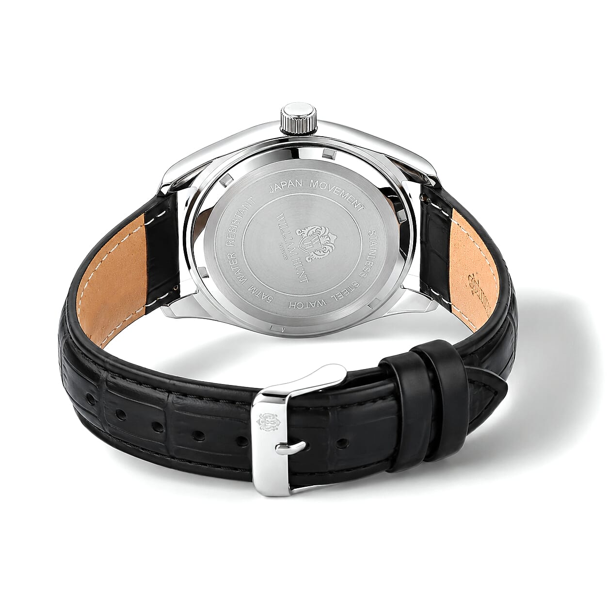 William Hunt Relief Horse Miyota 1L45 Japan Movement 5ATM WR Silver Hydraulic Meteorite Dial & IPS Plating 304 Stainless Steel Case Mens Watch with Black Leather Strap