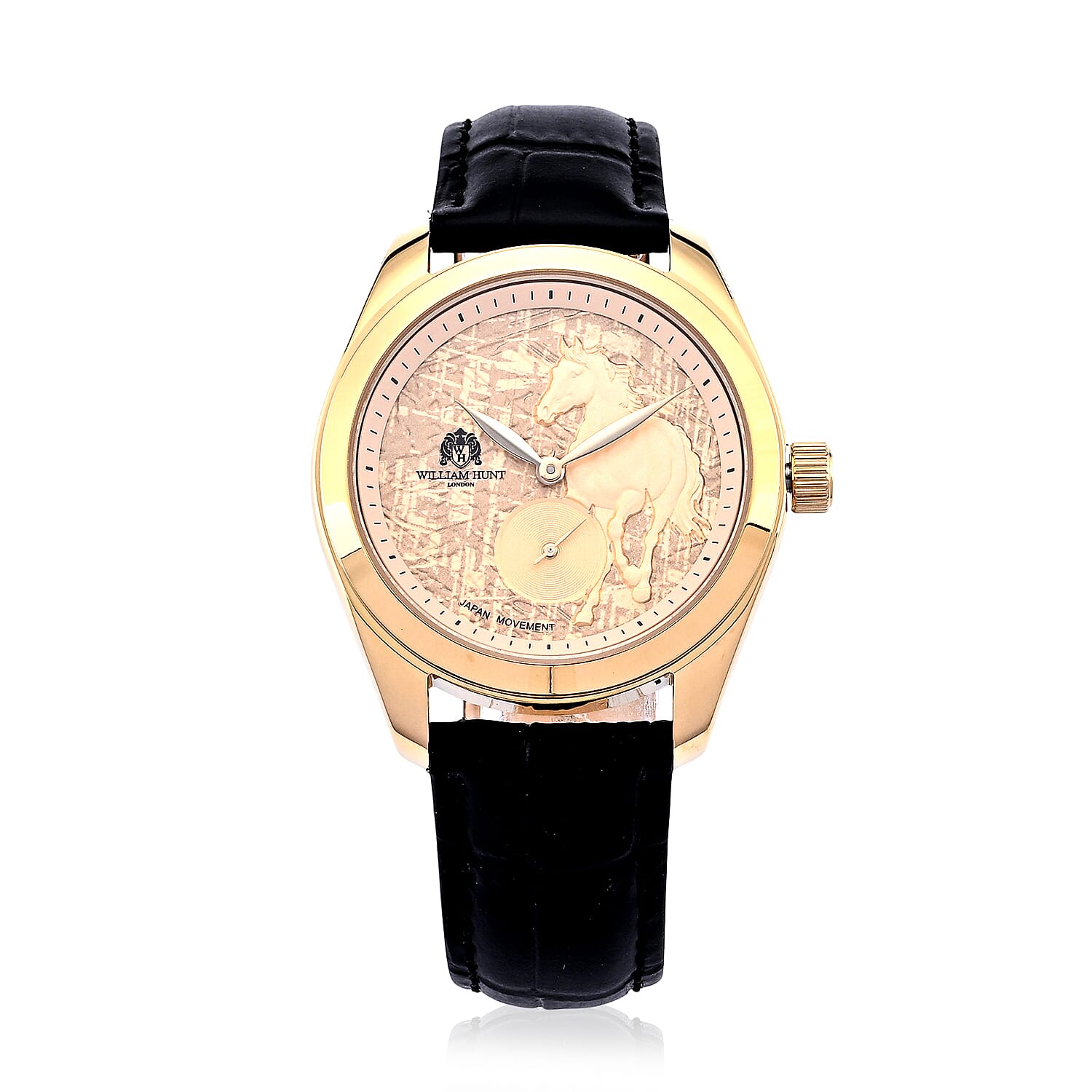 William Hunt Relief Horse Miyota 1L45 Japan Movement 5ATM WR Gold Hydraulic Meteorite Dial & IPG Plating 304 Stainless Steel Case Mens Watch with Black Leather Strap