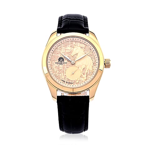 William Hunt Relief Horse Miyota 1L45 Japan Movement 5ATM WR Gold Hydraulic Meteorite Dial & IPG Plating 304 Stainless Steel Case Mens Watch with Black Leather Strap