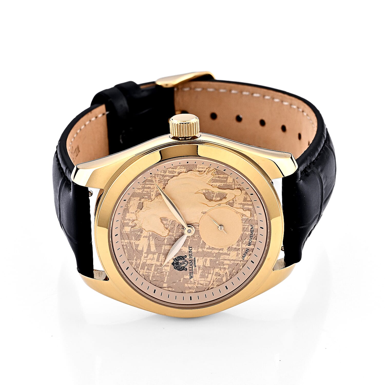 William Hunt Relief Horse Miyota 1L45 Japan Movement 5ATM WR Gold Hydraulic Meteorite Dial & IPG Plating 304 Stainless Steel Case Mens Watch with Black Leather Strap