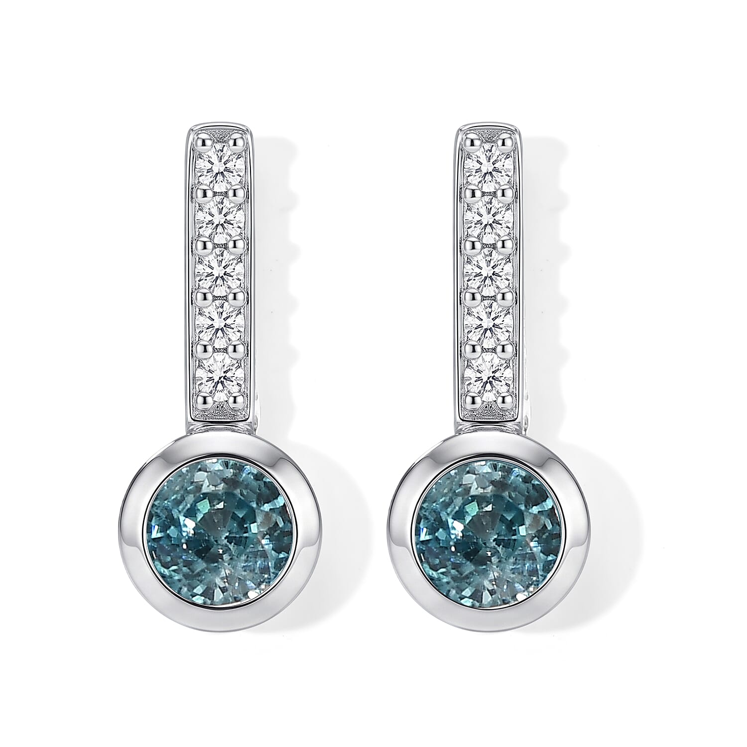 D'Joy - AAA RatanakirI Blue Zircon & White Zircon Dangle Push Post Earring in Rhodium Overlay Sterling Silver 2.00 Ct.