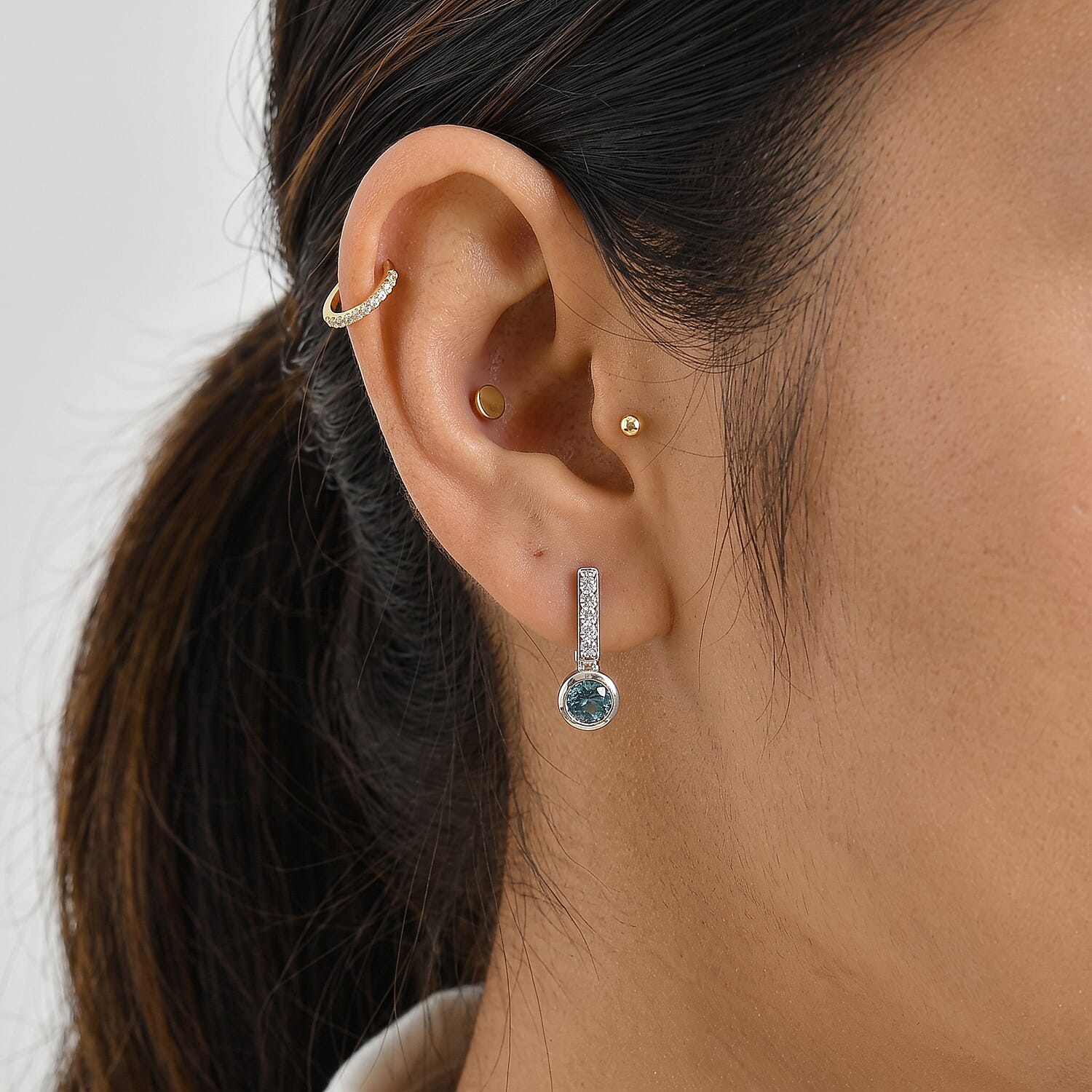 D'Joy - AAA RatanakirI Blue Zircon & White Zircon Dangle Push Post Earring in Rhodium Overlay Sterling Silver 2.00 Ct.