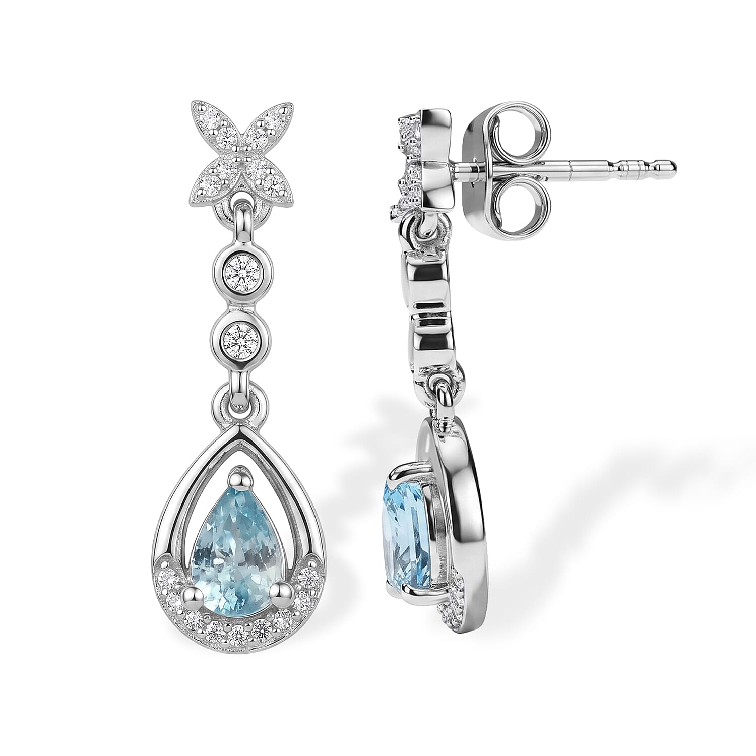 D'Joy - AAA Ratanakiri Blue Zircon & White Zircon Dangling Earring with Push Back in Rhodium Overlay Sterling Silver 1.60 Ct.