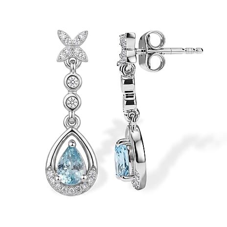 D'Joy - AAA Ratanakiri Blue Zircon & White Zircon Dangling Earring with Push Back in Rhodium Overlay Sterling Silver 1.60 Ct.