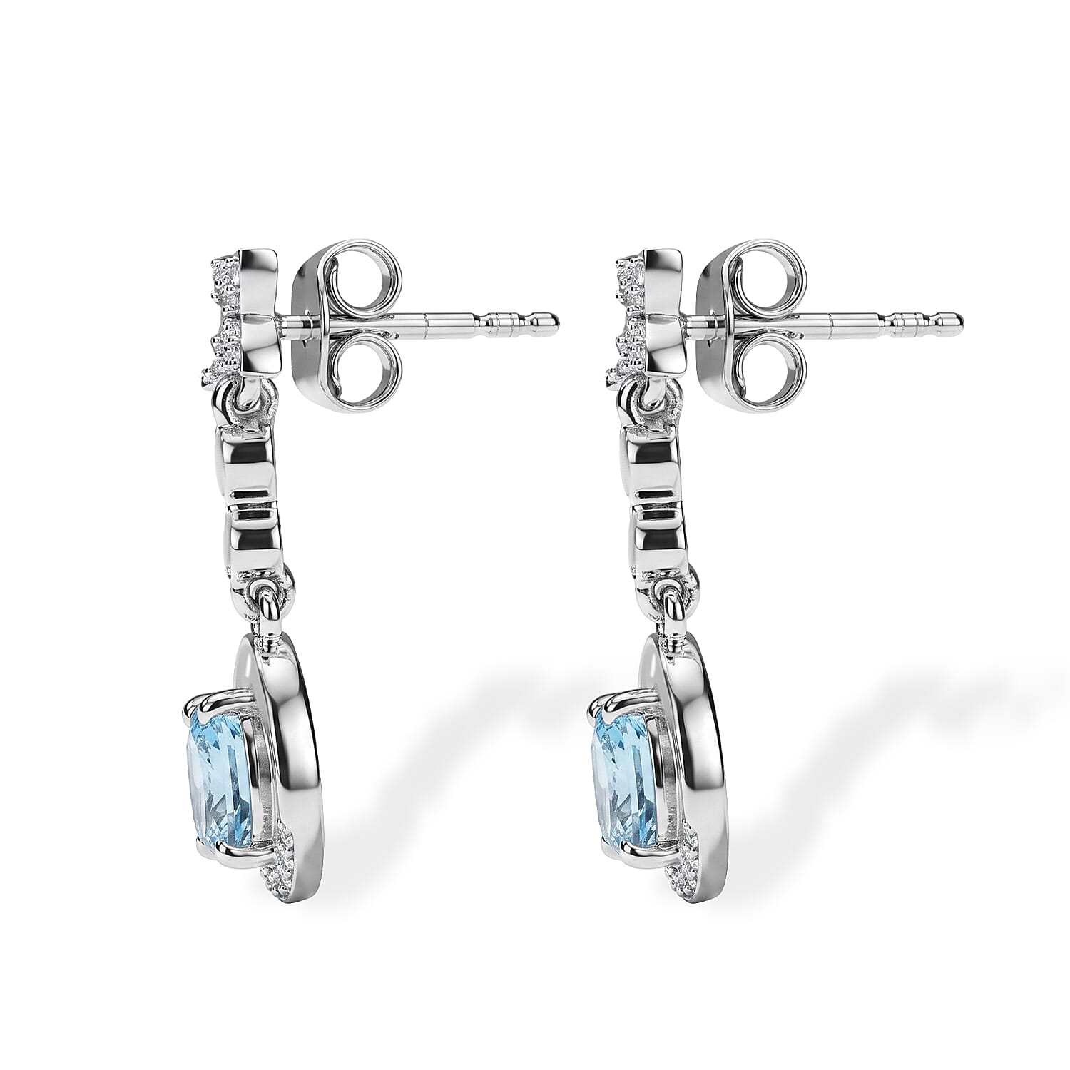D'Joy - AAA Ratanakiri Blue Zircon & White Zircon Dangling Earring with Push Back in Rhodium Overlay Sterling Silver 1.60 Ct.