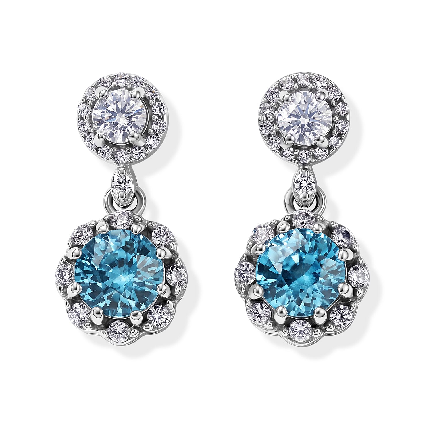 D'Joy - AAA RatanakirI Ratanakiri Blue Zircon & White Zircon Halo Drop Earring with Push Back in Rhodium Overlay Sterling Silver 2.50 Ct.