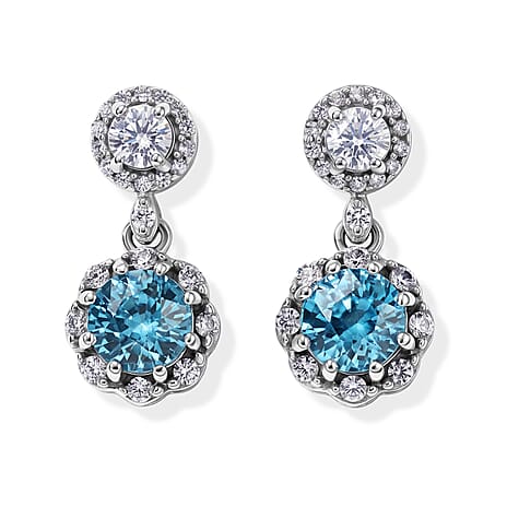 D'Joy - AAA RatanakirI Ratanakiri Blue Zircon & White Zircon Halo Drop Earring with Push Back in Rhodium Overlay Sterling Silver 2.50 Ct.