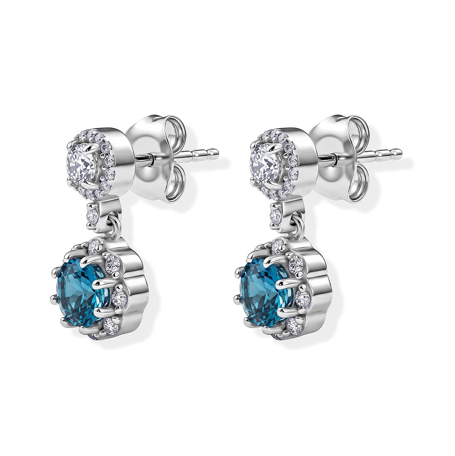 D'Joy - AAA RatanakirI Ratanakiri Blue Zircon & White Zircon Halo Drop Earring with Push Back in Rhodium Overlay Sterling Silver 2.50 Ct.