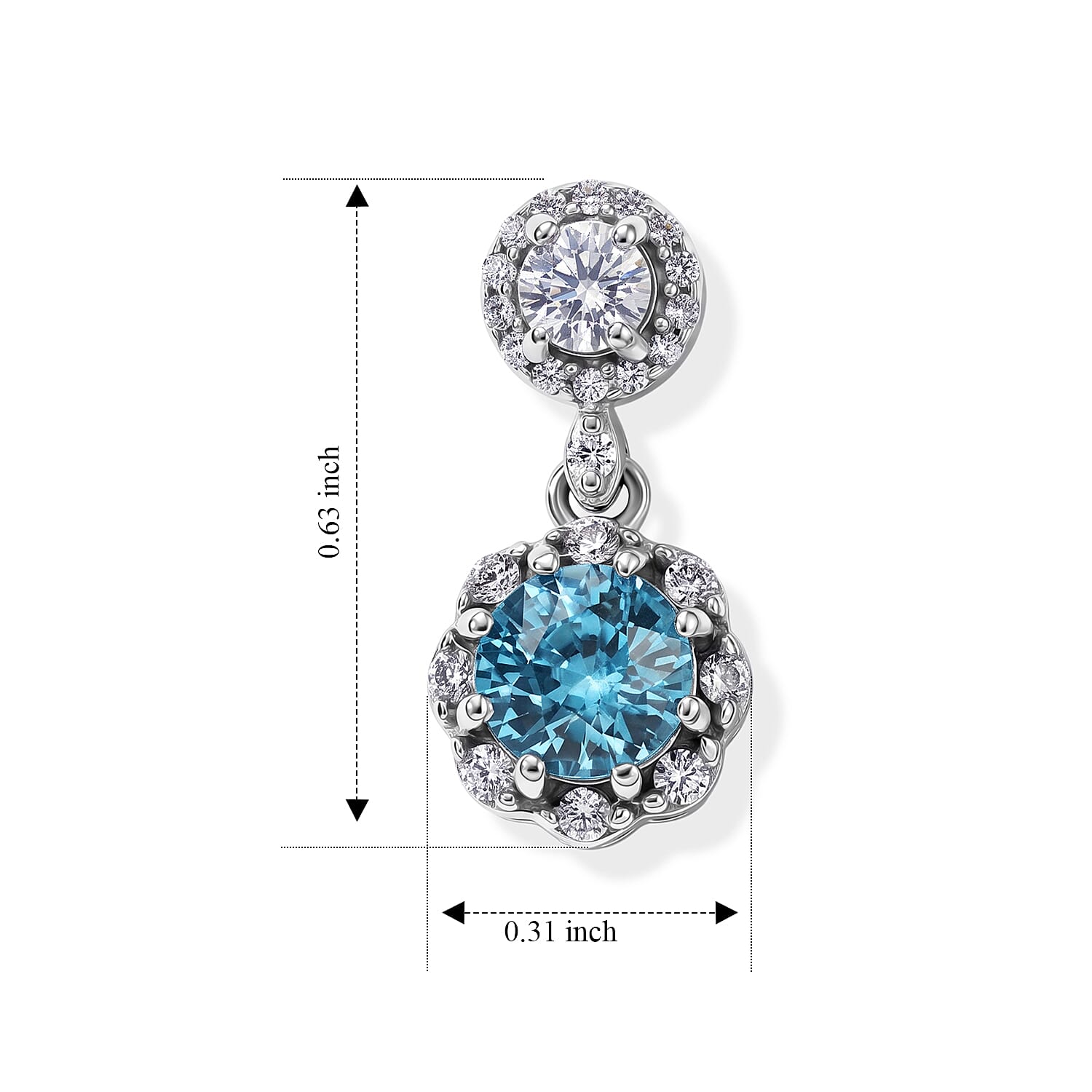 D'Joy - AAA RatanakirI Ratanakiri Blue Zircon & White Zircon Halo Drop Earring with Push Back in Rhodium Overlay Sterling Silver 2.50 Ct.