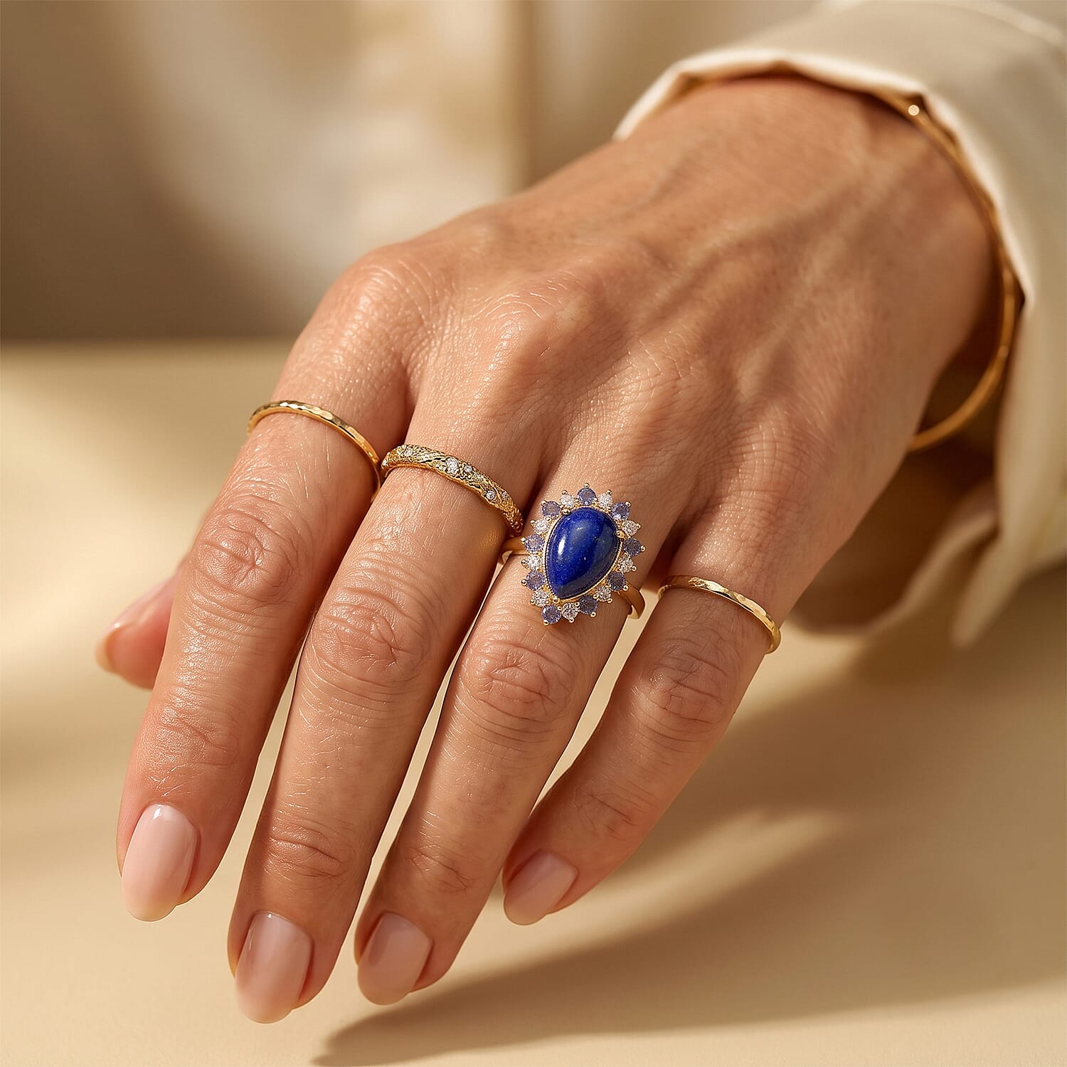 EverTrue - Lapis Lazuli, Lolite & White Zircon Ring in Yellow Gold Tone 5.08 Ct.