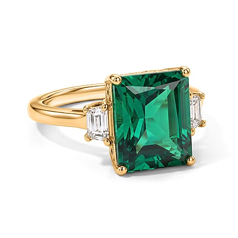 Biggest Size - Lab Grown Columbian Emerald & Lab Grown Diamond (SI-G-H) Trilogy Ring in 18K Vermeil Yellow Gold Plated Sterling Silver 4.18 Ct.