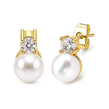 White Fresh Water Pearl & White Cubic Zirconia Beads Earring with Push Back 5.50 Ct.