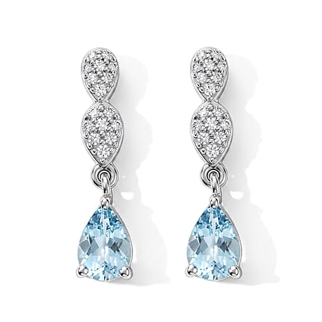 D'Joy - AAA Ratanakiri Blue Zircon & White Zircon Dangling Earring with Push Post in Rhodium Overlay Sterling Silver 1.50 Ct.