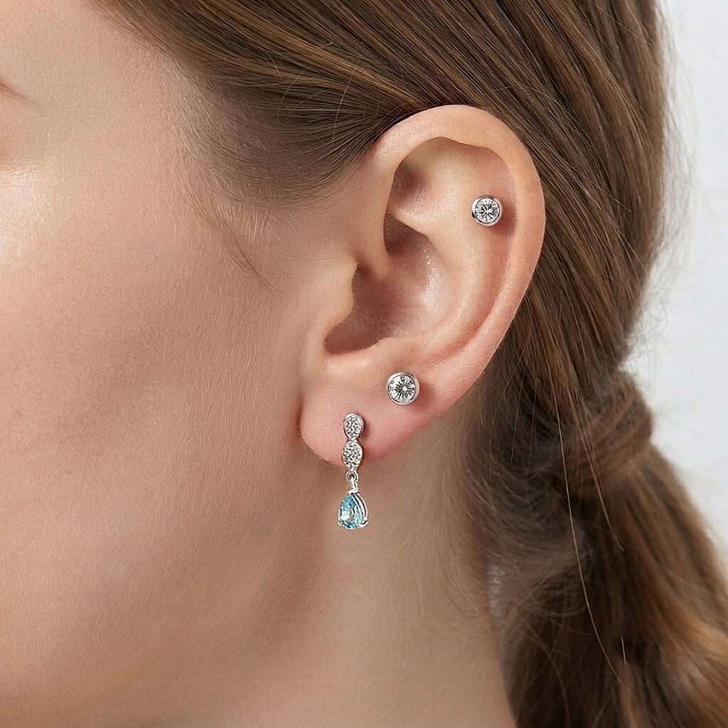 D'Joy - AAA Ratanakiri Blue Zircon & White Zircon Dangling Earring with Push Post in Rhodium Overlay Sterling Silver 1.50 Ct.