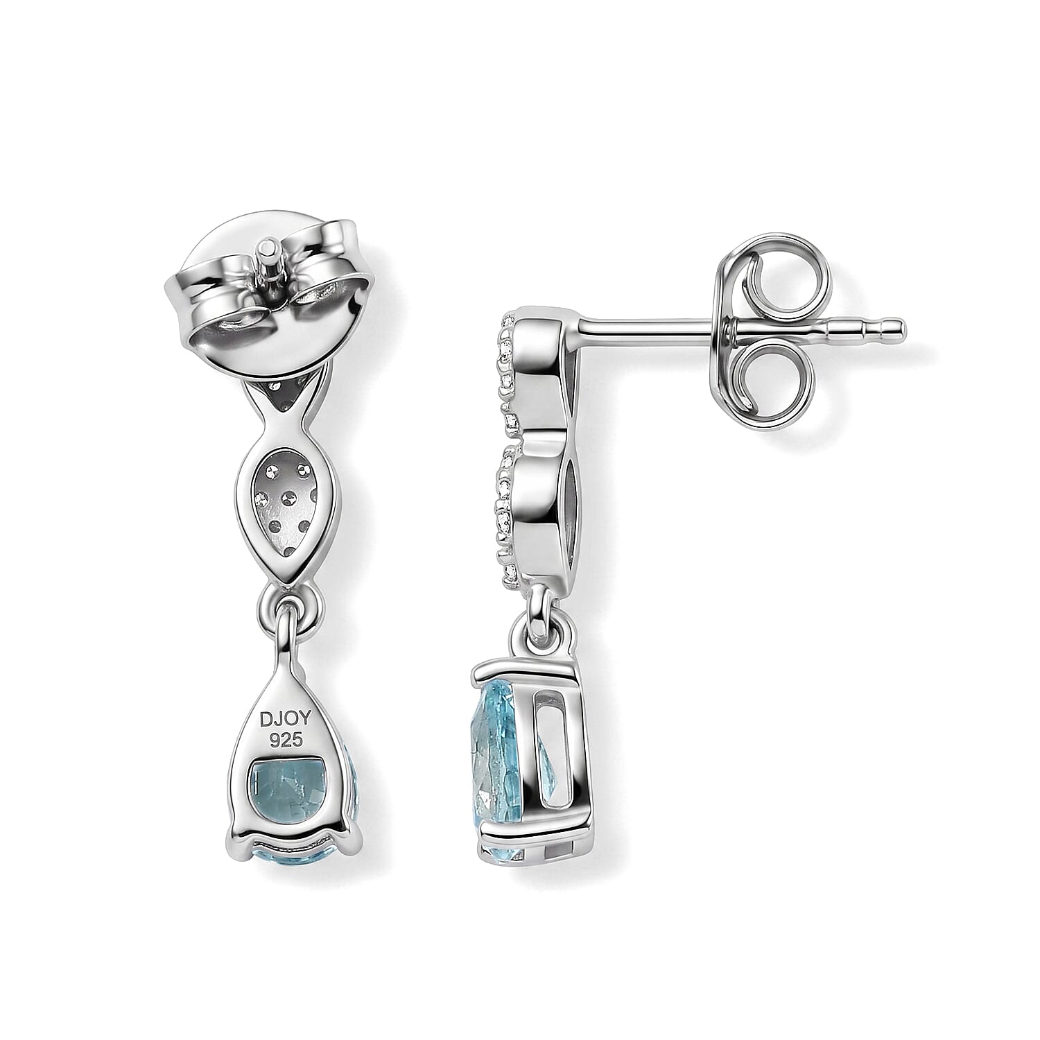 D'Joy - AAA Ratanakiri Blue Zircon & White Zircon Dangling Earring with Push Post in Rhodium Overlay Sterling Silver 1.50 Ct.