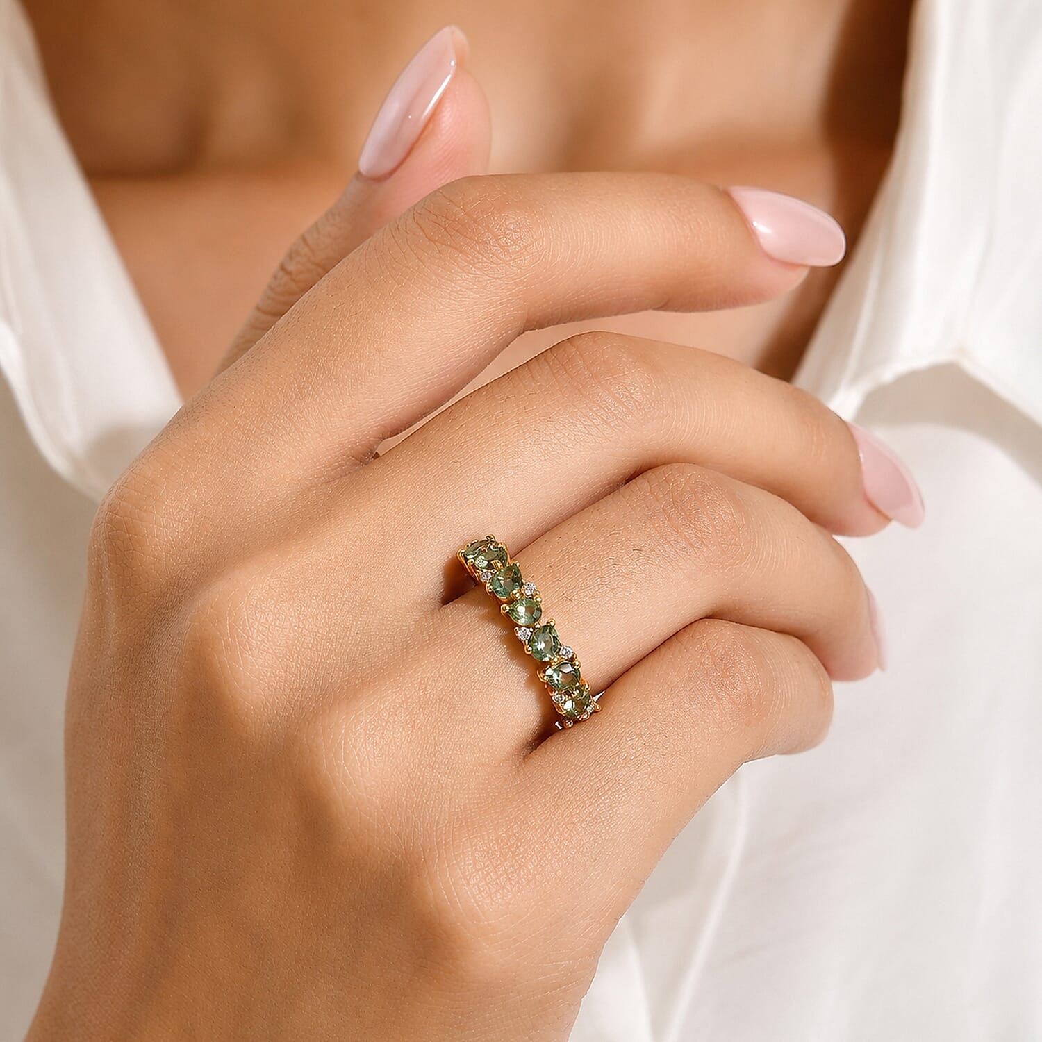 D'Joy - Natural Green Apatite & White Zircon Ring in Yellow Gold Plated Sterling Silver 1.36 Ct.