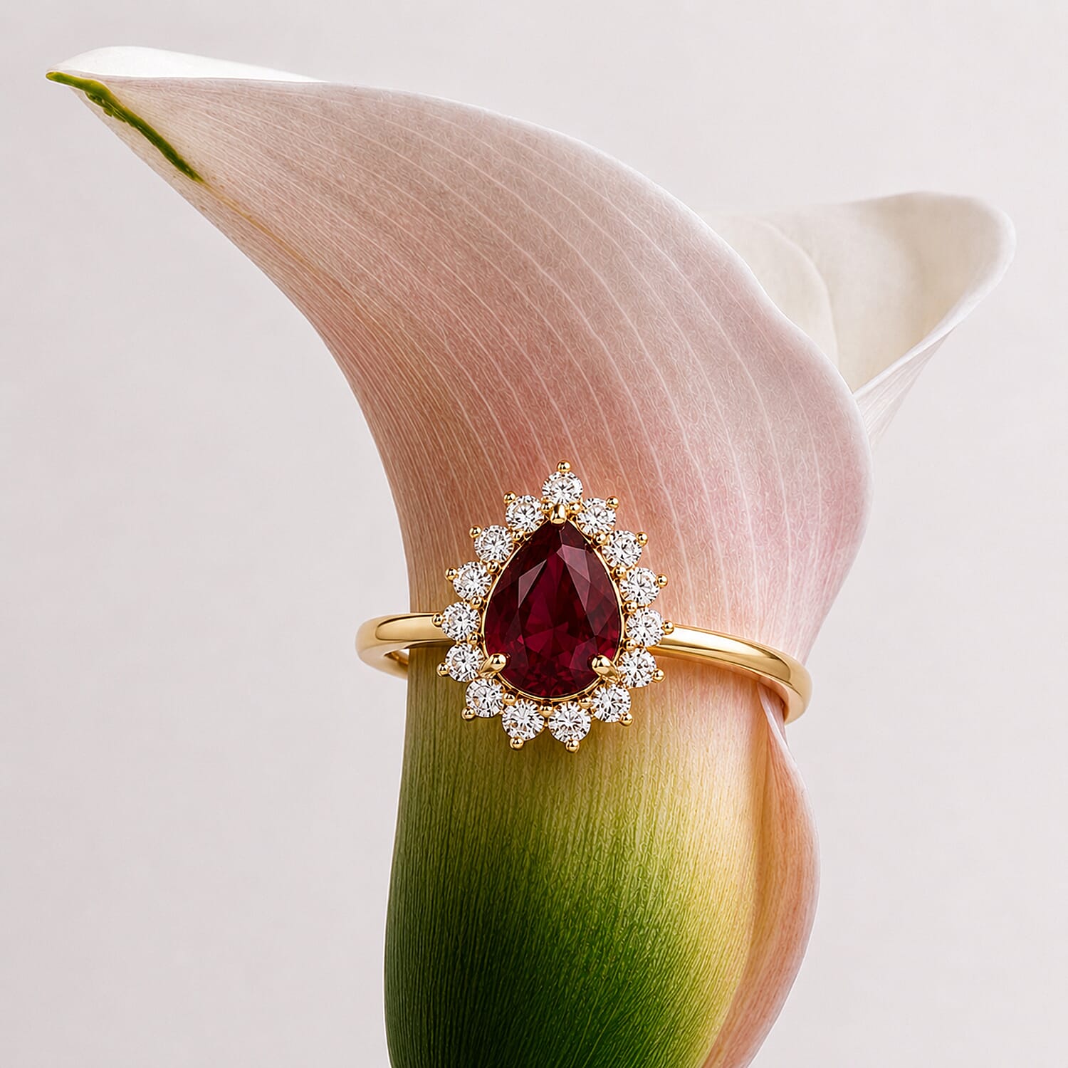 AAA African Ruby (5.50Cts) & Luxuriant Lab Grown Diamond (SI-GH 1.00 Ct) Halo Ring in 18K Vermeil Yellow Gold Plated Sterling Silver 6.50 Ct.
