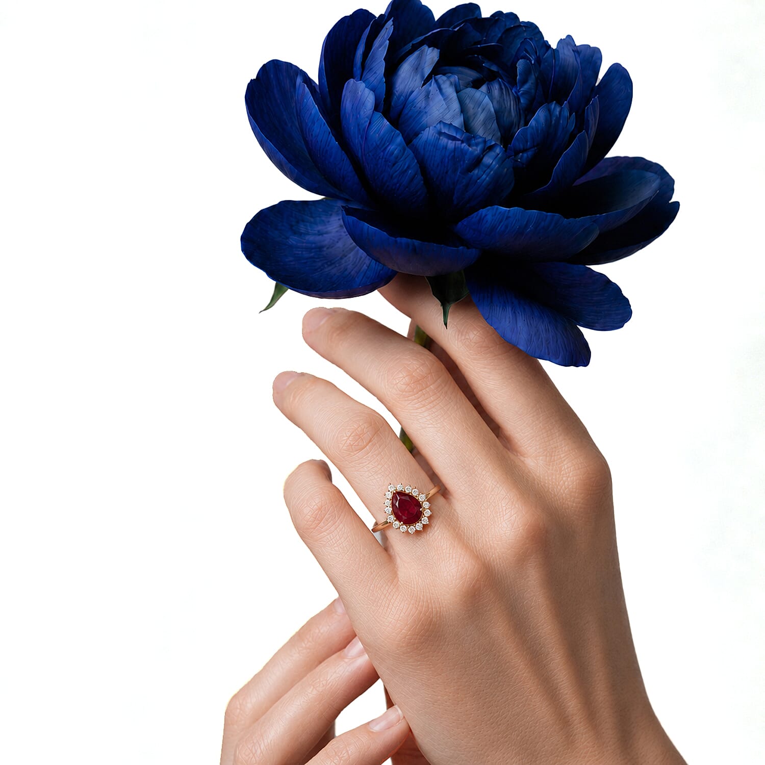AAA African Ruby (5.50Cts) & Luxuriant Lab Grown Diamond (SI-GH 1.00 Ct) Halo Ring in 18K Vermeil Yellow Gold Plated Sterling Silver 6.50 Ct.