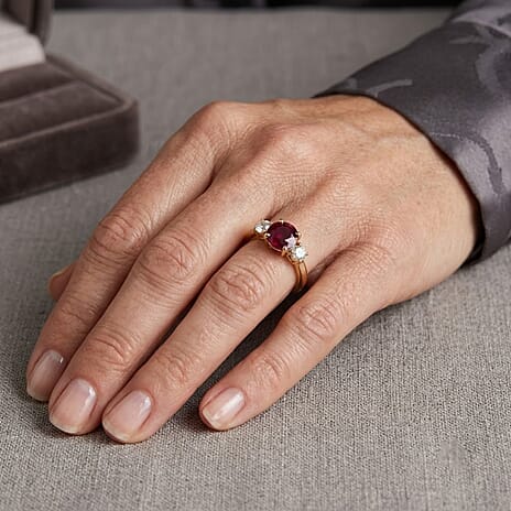 Luxuriant - Premium African Ruby & Lab Grown Diamond Trilogy Ring in 18K Vermeil Yellow Gold Plated Sterling Silver 2.20 Ct.