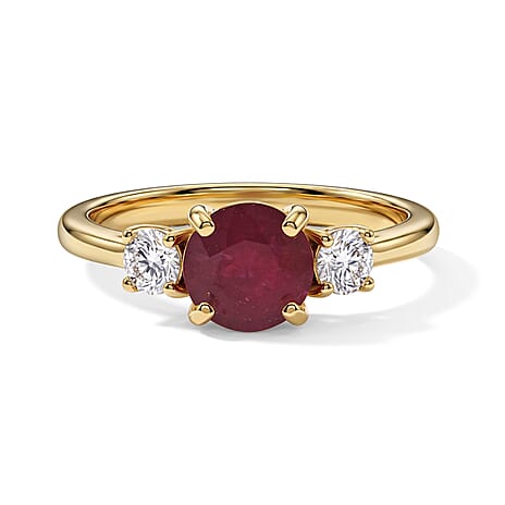 Luxuriant - Premium African Ruby & Lab Grown Diamond Trilogy Ring in 18K Vermeil Yellow Gold Plated Sterling Silver 2.20 Ct.