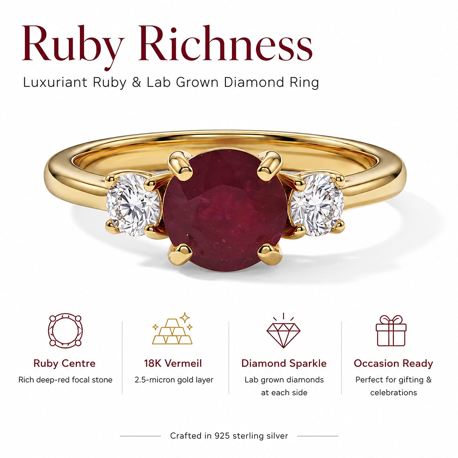 Luxuriant - Premium African Ruby & Lab Grown Diamond Trilogy Ring in 18K Vermeil Yellow Gold Plated Sterling Silver 2.20 Ct.