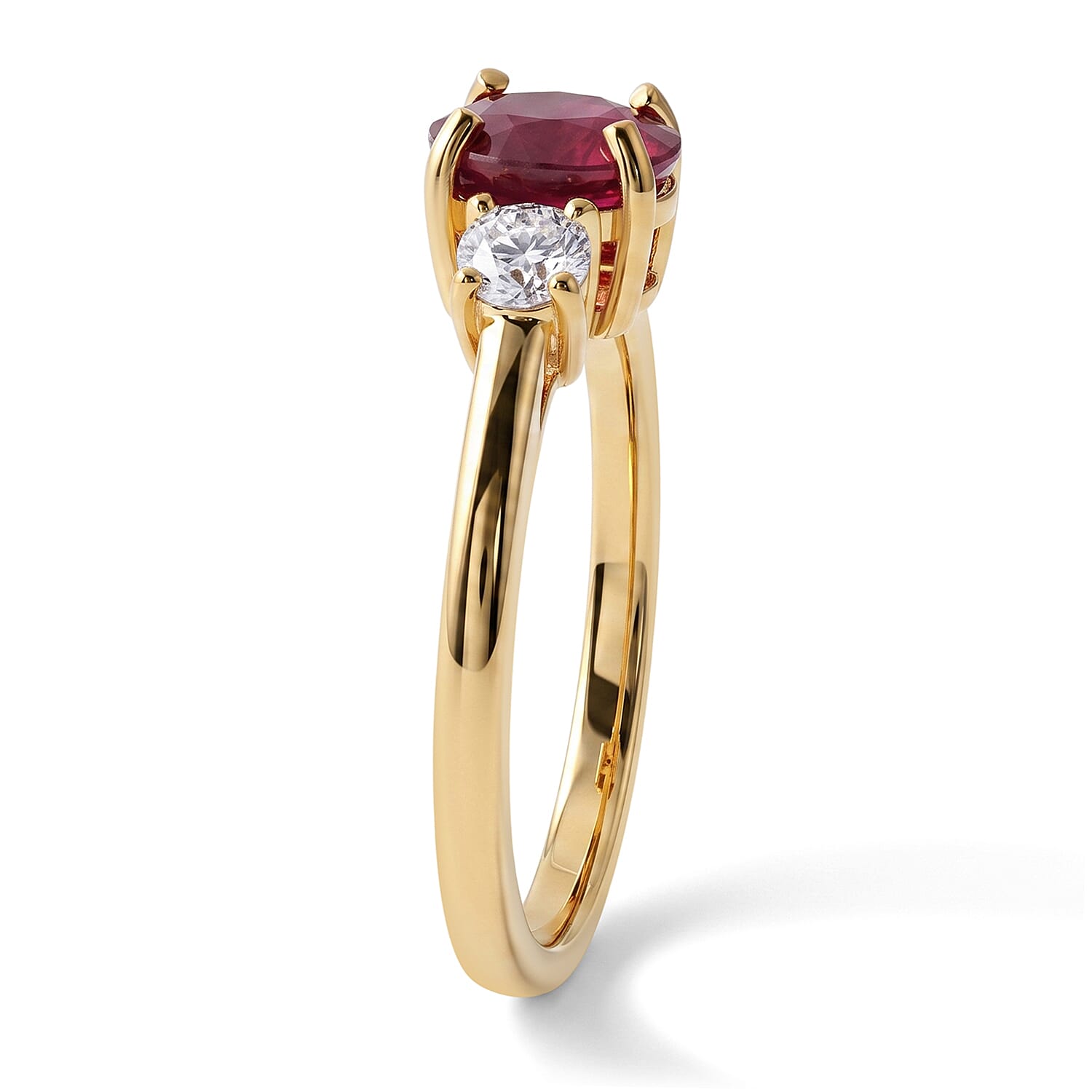 Luxuriant - Premium African Ruby & Lab Grown Diamond Trilogy Ring in 18K Vermeil Yellow Gold Plated Sterling Silver 2.20 Ct.