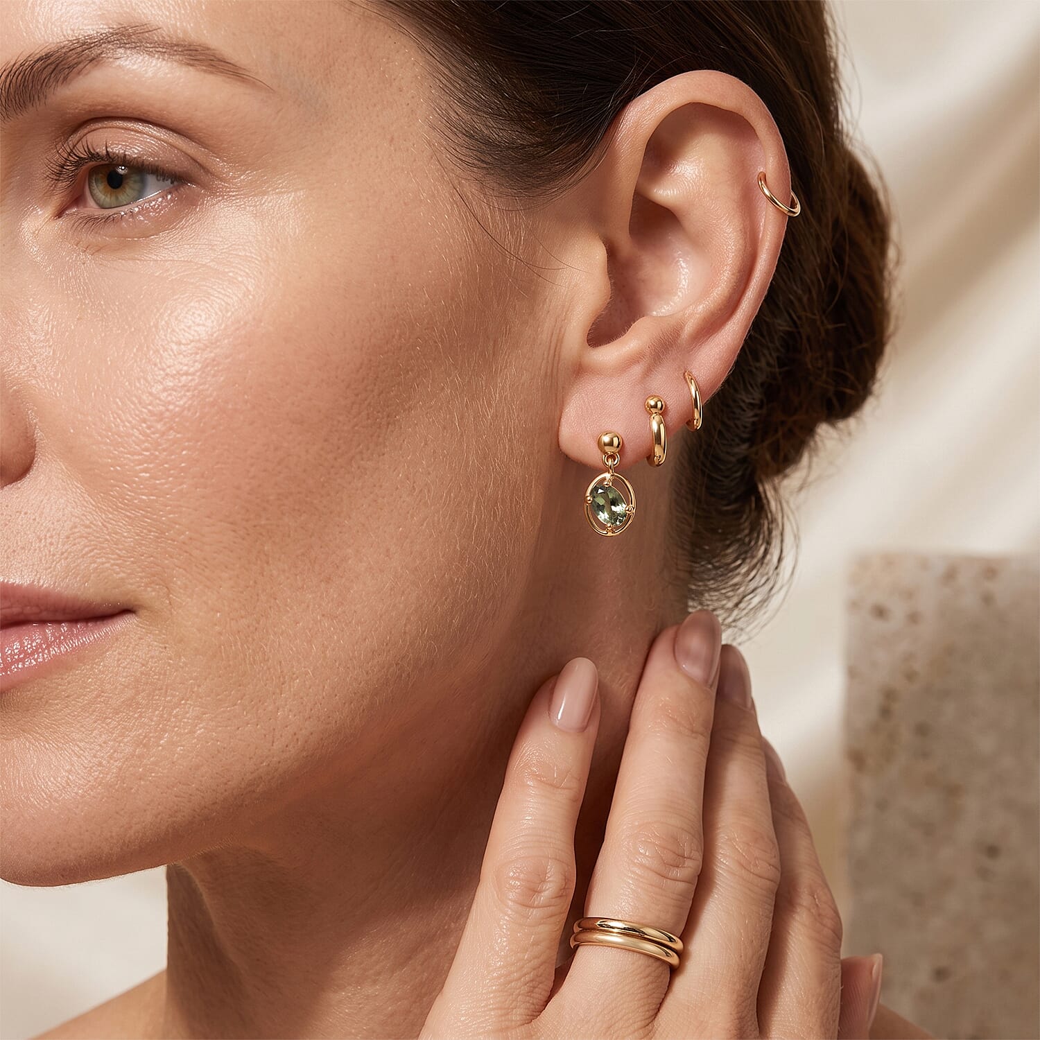 D'Joy - Natural Green Apatite Dangling Push Back Earring in Yellow Gold Plated Sterling Silver