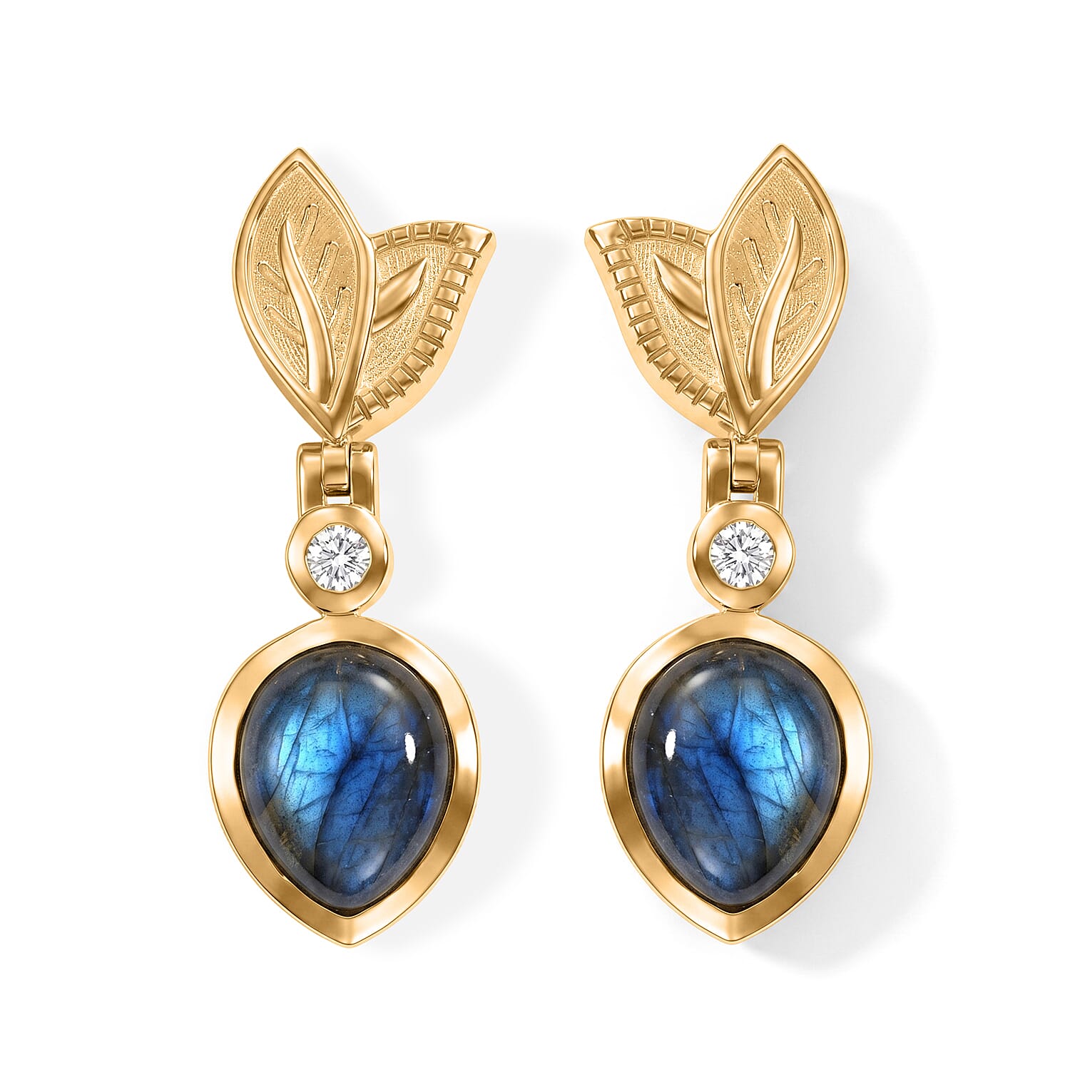 EverTrue - Labradorite & White Zircon Dangling Earring with Push Post in Yellow Gold Tone 5.50 Ct.