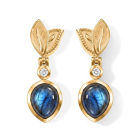 EverTrue - Labradorite & White Zircon Dangling Earring with Push Post in Yellow Gold Tone 5.50 Ct.