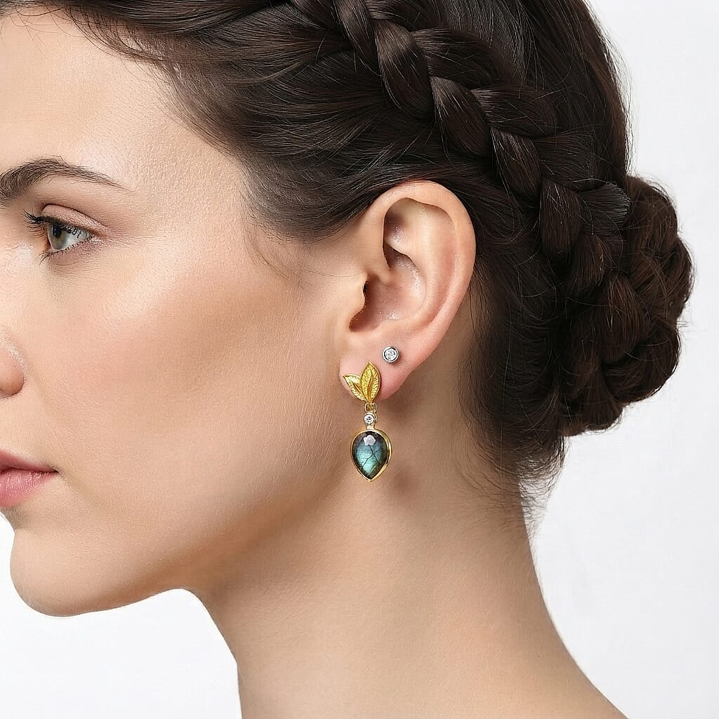 EverTrue - Labradorite & White Zircon Dangling Earring with Push Post in Yellow Gold Tone 5.50 Ct.