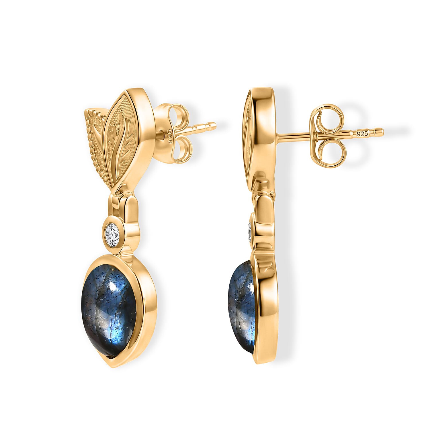 EverTrue - Labradorite & White Zircon Dangling Earring with Push Post in Yellow Gold Tone 5.50 Ct.