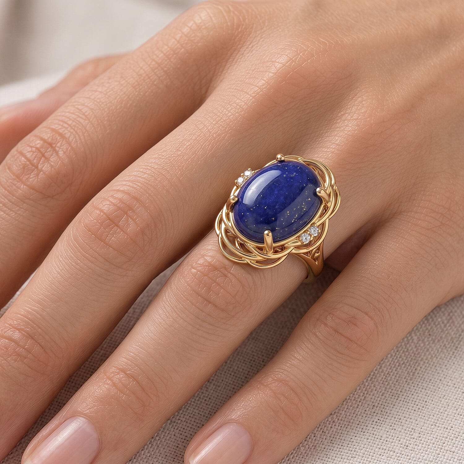 EverTrue - Lapis Lazuli & White Zircon Ring in Yellow Gold Tone 11.10 Ct.