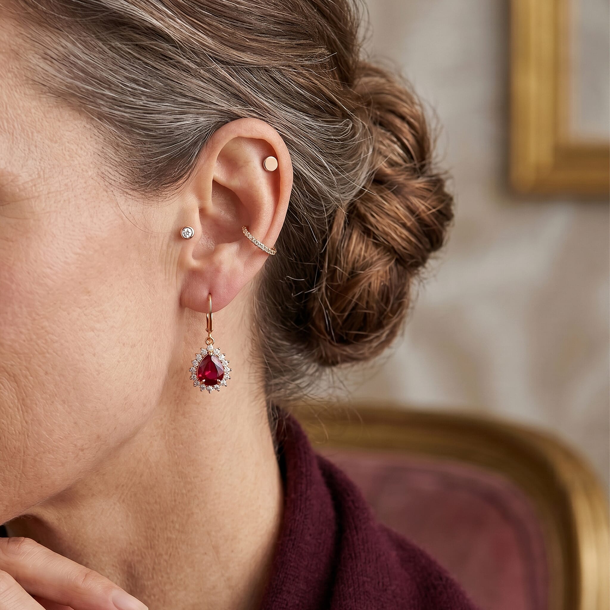 Luxuriant - African Ruby (6.00 Cts) & Lab Grown Diamond (1.00 Cts) Earring with Lever Back in 18K Vermeil Yellow Gold Plated Sterling Silver 7.00 Ct.