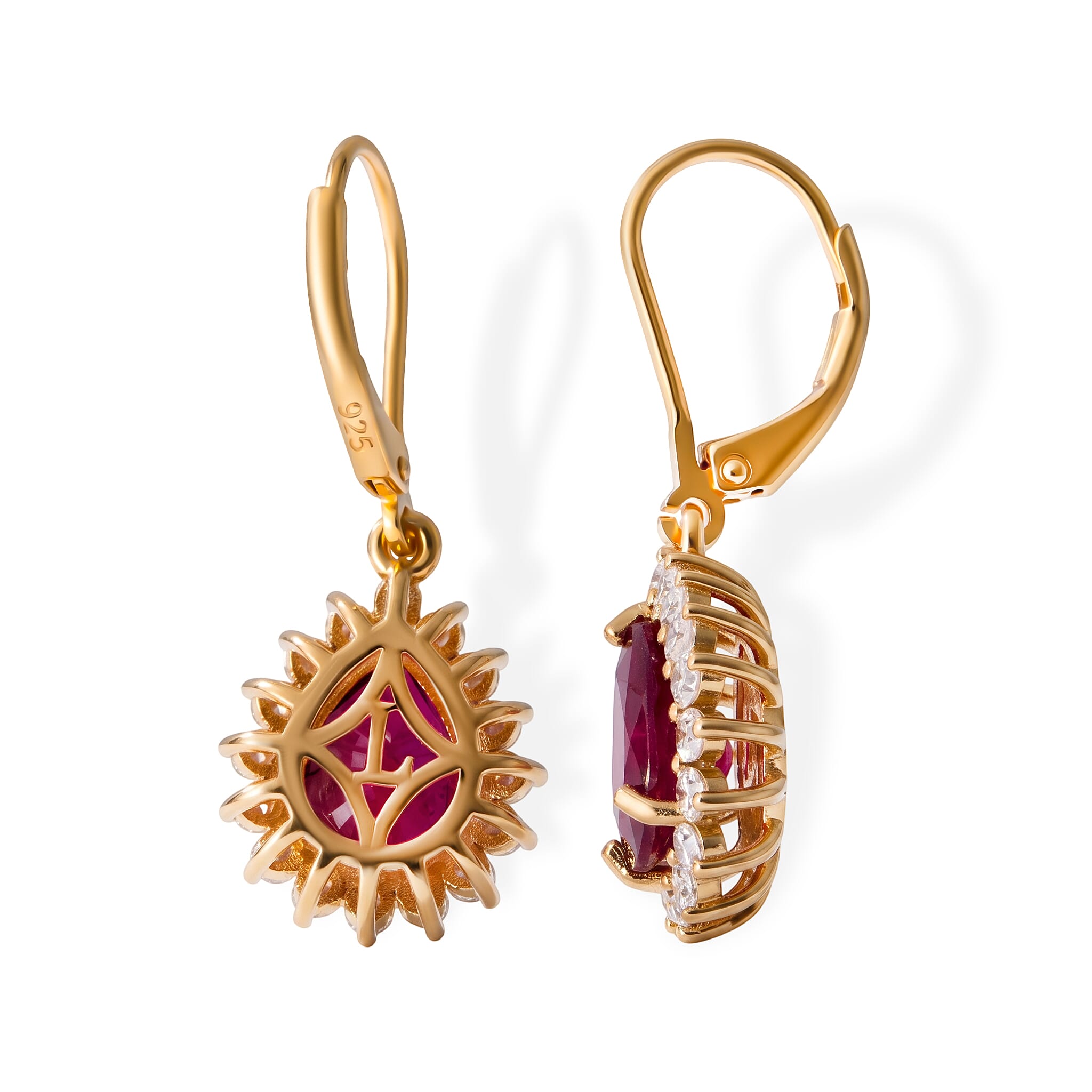 Luxuriant - African Ruby (6.00 Cts) & Lab Grown Diamond (1.00 Cts) Earring with Lever Back in 18K Vermeil Yellow Gold Plated Sterling Silver 7.00 Ct.