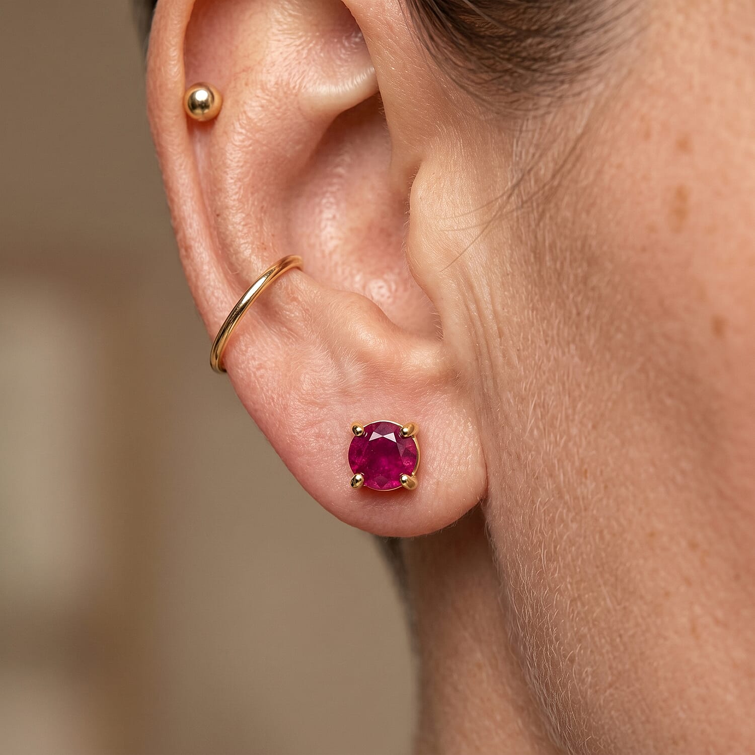 D'Joy - Fissure Filled Ruby Earring with Push Back in Yellow Gold Plated Sterling Silver 1.50 Ct.