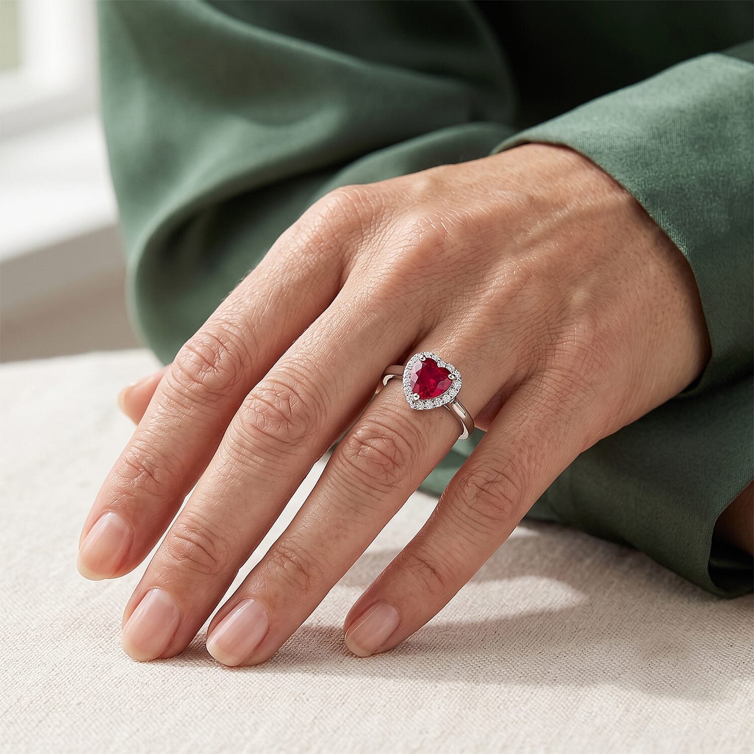 Premium African Ruby & Luxuriant Lab Grown Diamond Halo Heart Ring in Rhodium Overlay Sterling Silver 2.18 Ct.
