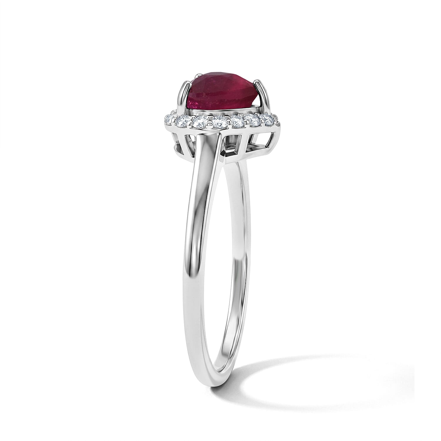 Premium African Ruby & Luxuriant Lab Grown Diamond Halo Heart Ring in Rhodium Overlay Sterling Silver 2.18 Ct.