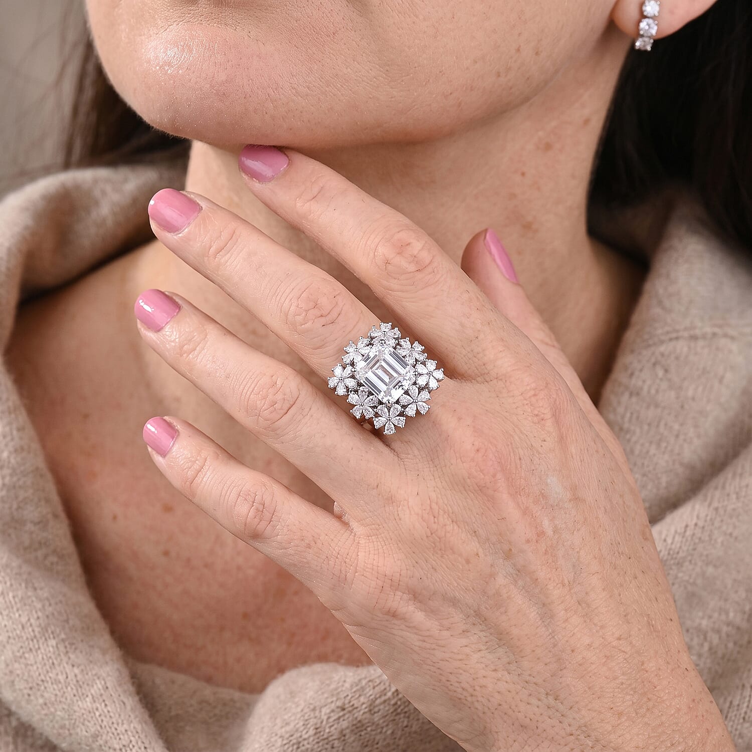 D'Joy - Moissanite Blooming Floral Cocktail Ring in Rhodium Overlay Sterling Silver 6.90 Ct.