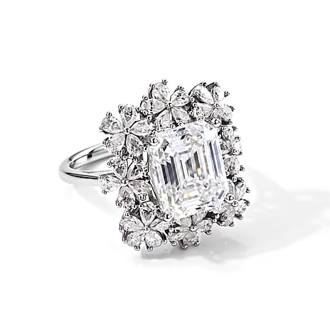 D'Joy - Moissanite Blooming Floral Cocktail Ring in Rhodium Overlay Sterling Silver 6.90 Ct.