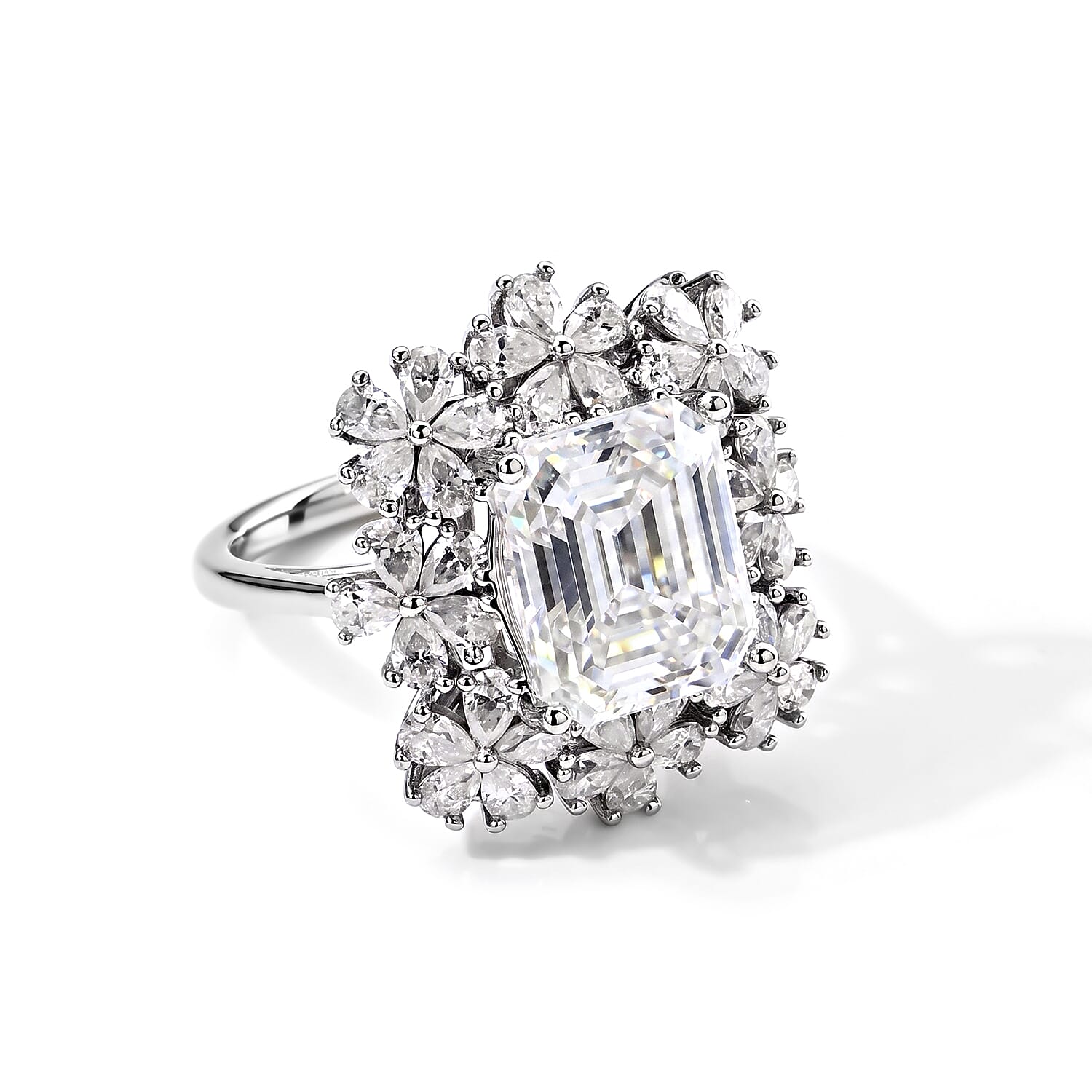 D'Joy - Moissanite Blooming Floral Cocktail Ring in Rhodium Overlay Sterling Silver 6.90 Ct.