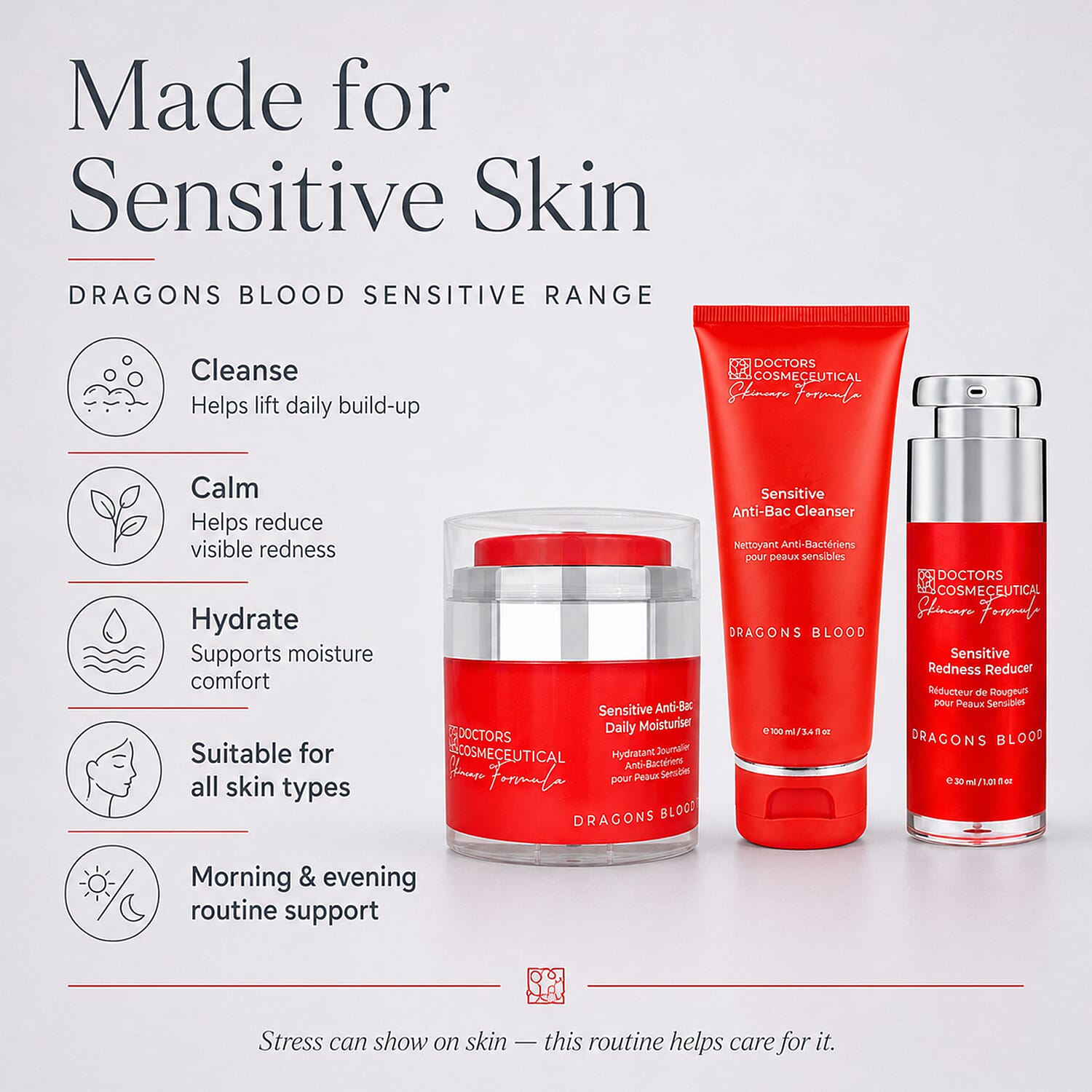 BEST BEAUTY GALA DEAL- Doctors Formula- Dragons Blood Cleanser (100ml), Redness Reducer (30ml) & Sensitive Anti-Bac Daily Moisturiser (50ml)